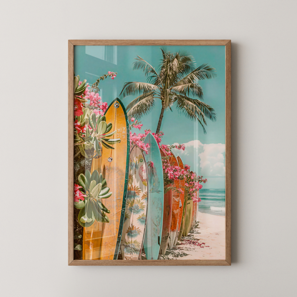 Quadro Praia Pranchas Surf 30 x 42 cm com moldura carvalho