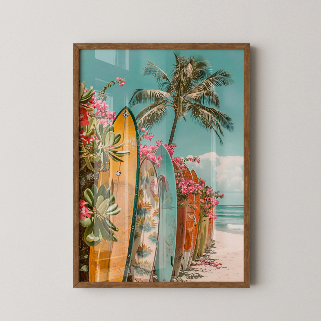 Quadro Praia Pranchas Surf 30 x 42 cm com moldura marrom