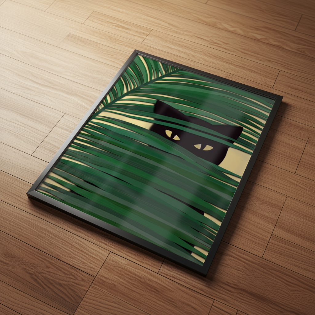 Arte Gato Folhagem Minimalista 30 x 42 cm com moldura
