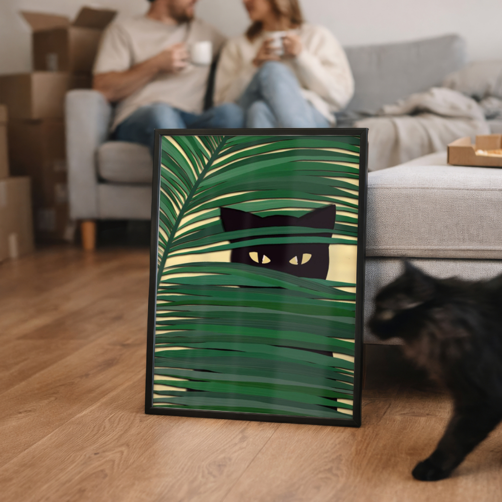 Quadro Decorativo Animais Gato Folhagem Arte Minimalista 30 x 42 cm