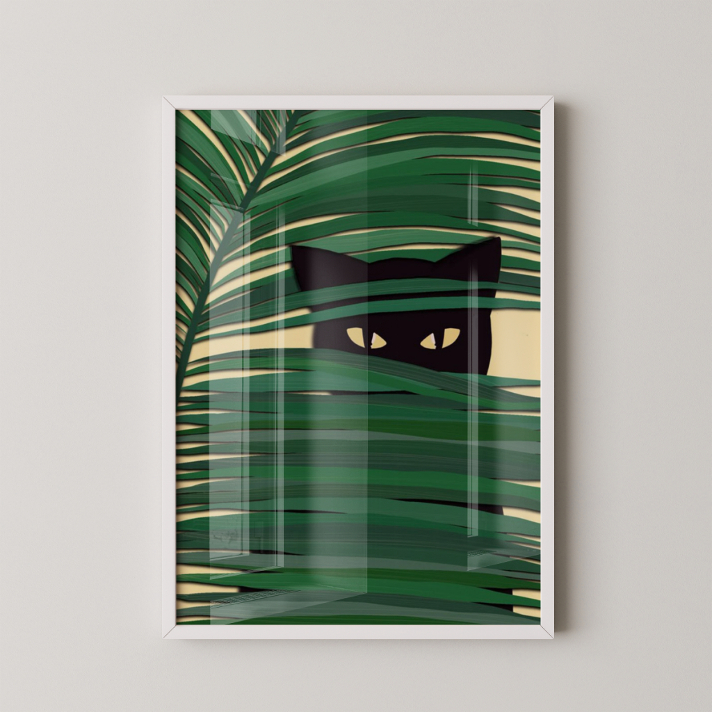 Quadro Gato Folhagem 30 x 42 cm com moldura branca