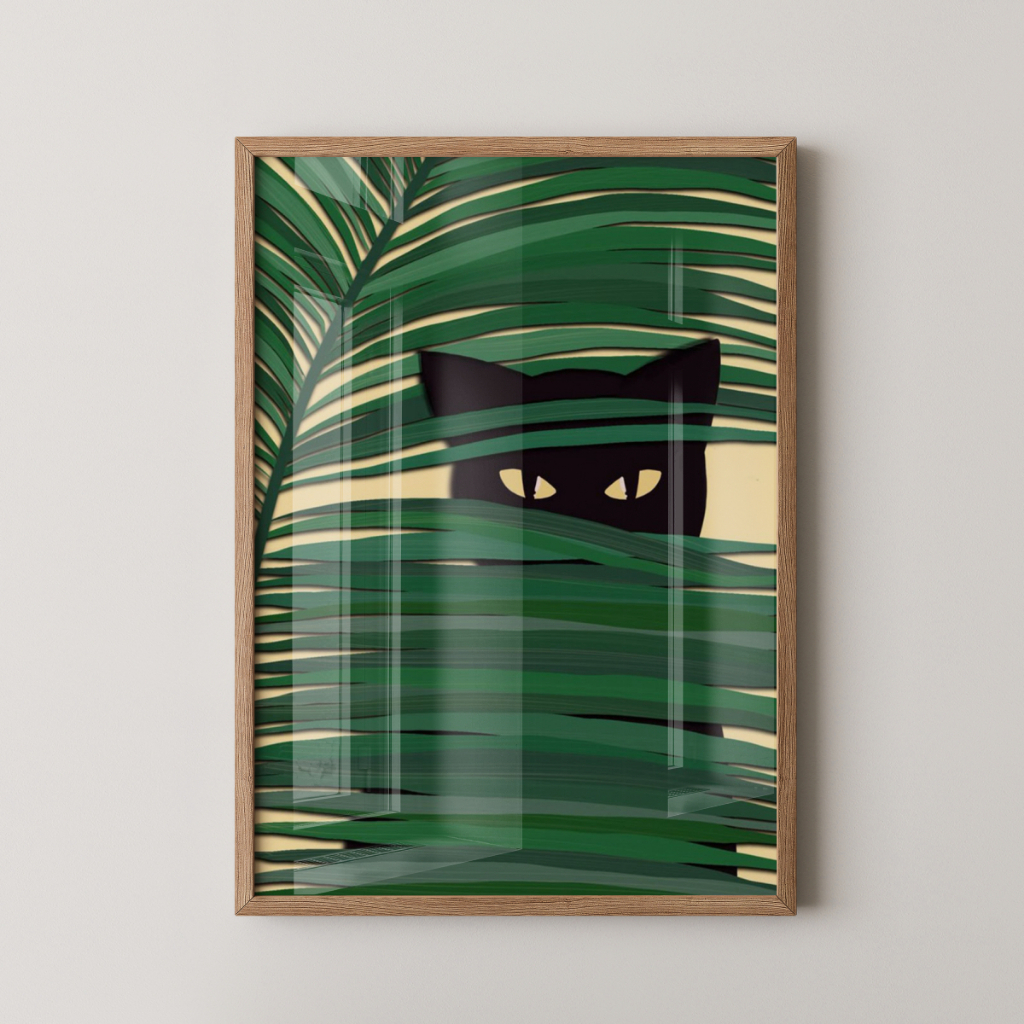 Quadro Gato Folhagem 30 x 42 cm com moldura carvalho