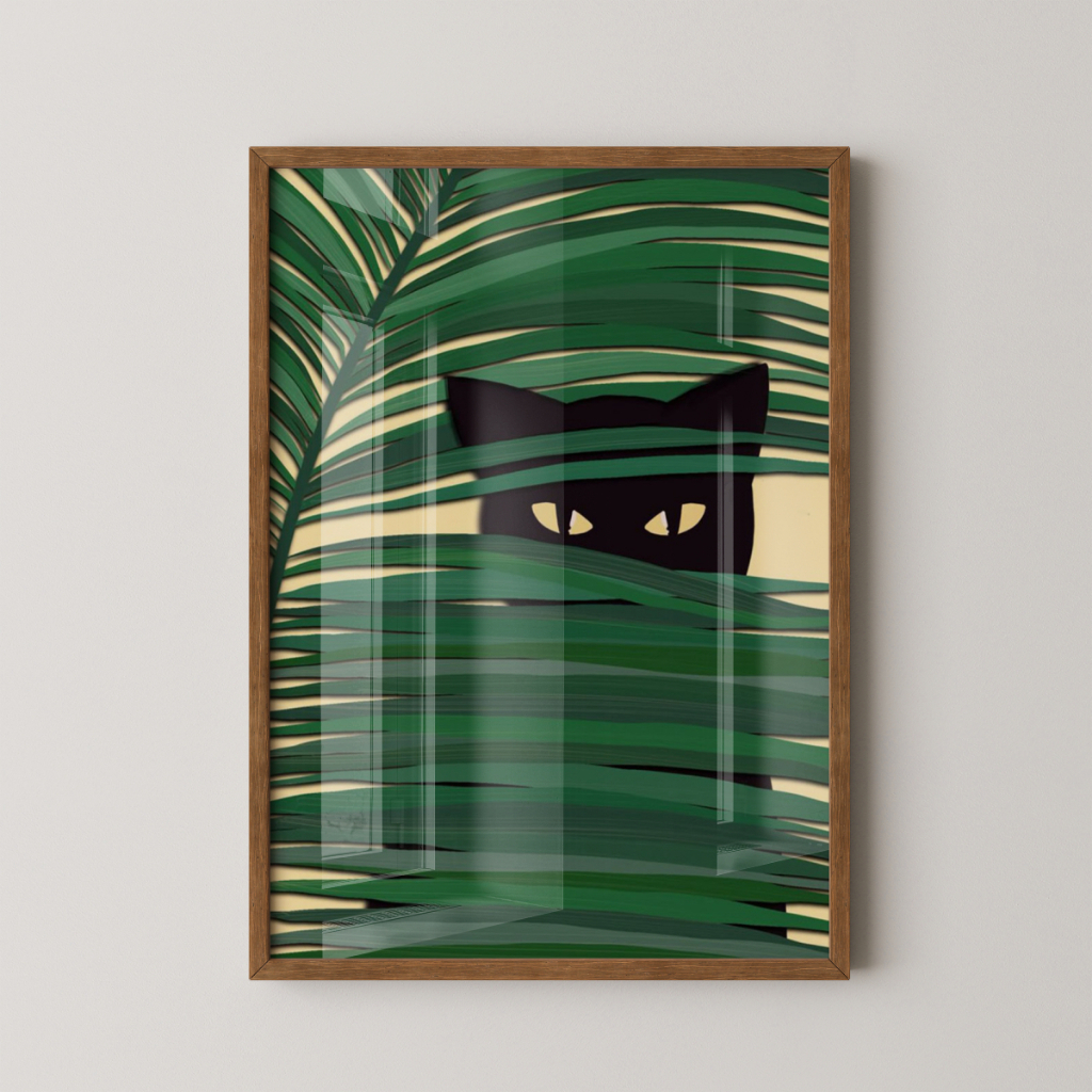 Quadro Gato Folhagem 30 x 42 cm com moldura marrom