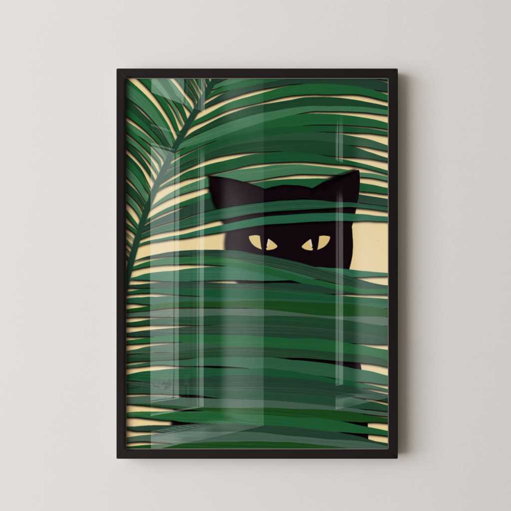 Quadro Gato Folhagem 30 x 42 cm com moldura preta