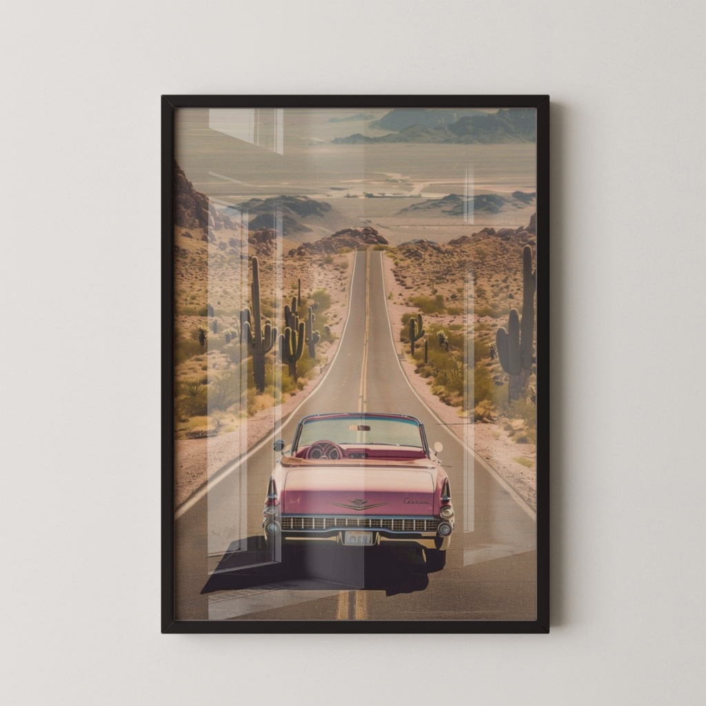 Quadro Decorativo Carro Retrô Rosa Estrada 30 x 42 cm com moldura