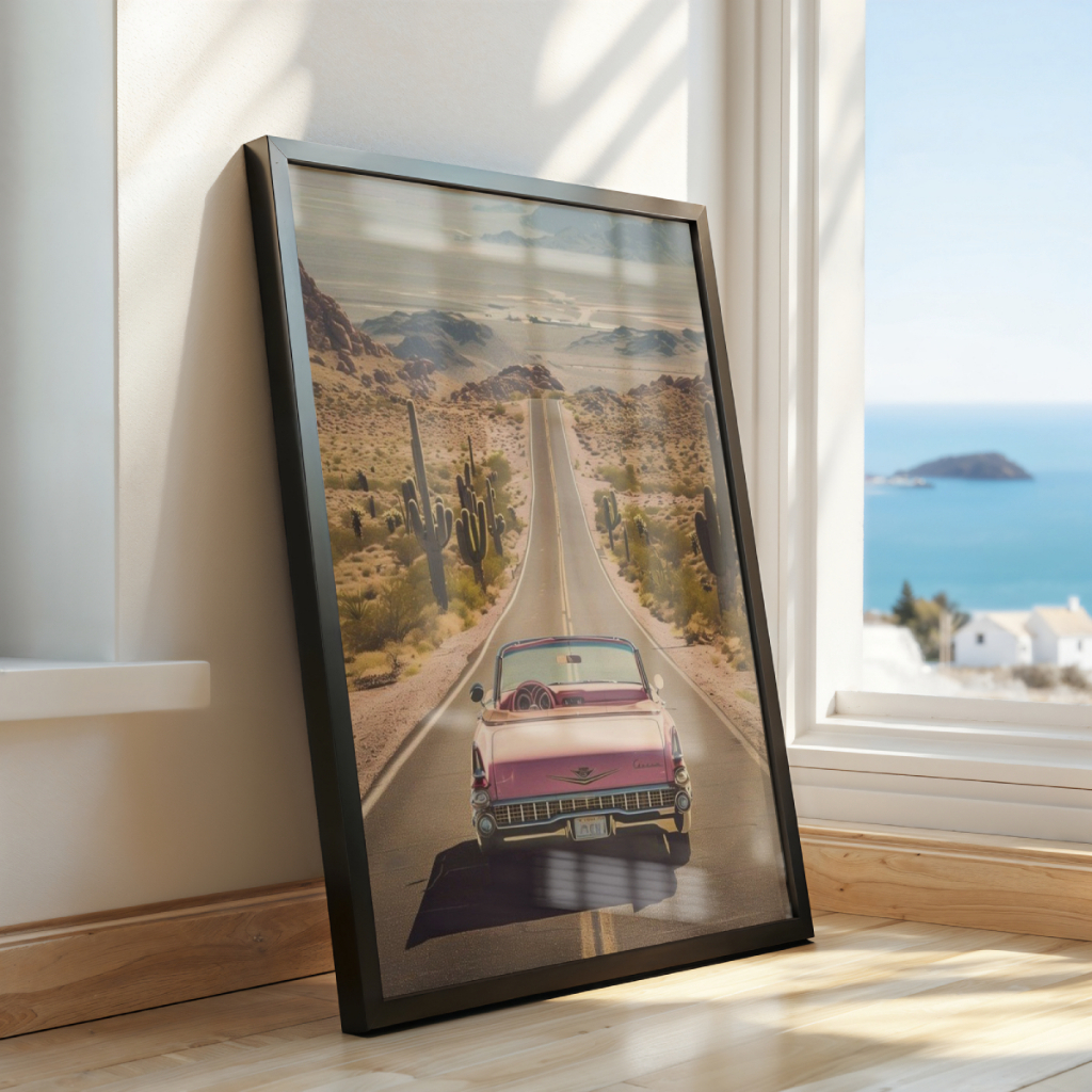 Quadro Carro Retrô Rosa Estrada 30 x 42 cm em ambiente decorado