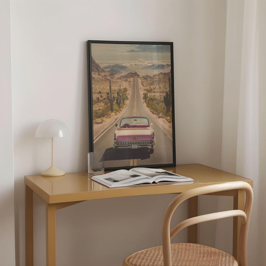 Detalhes do Quadro Decorativo Carro Retrô Rosa 30 x 42 cm