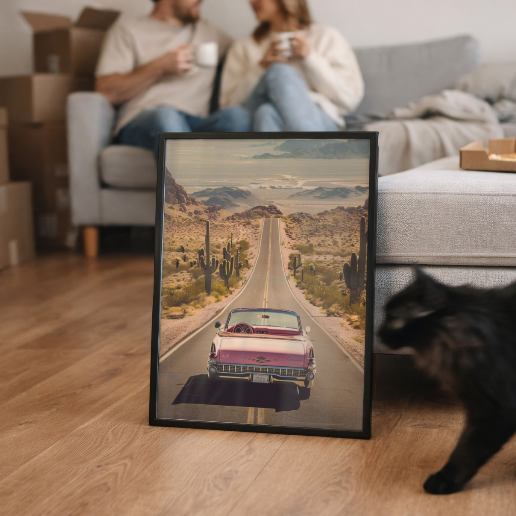 Quadro Decorativo Carro Retrô Rosa Estrada 30 x 42 cm