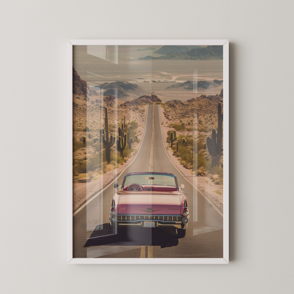 Quadro Carro Retrô Rosa 30 x 42 cm com moldura branca