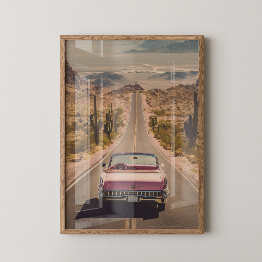 Quadro Carro Retrô Rosa 30 x 42 cm com moldura carvalho