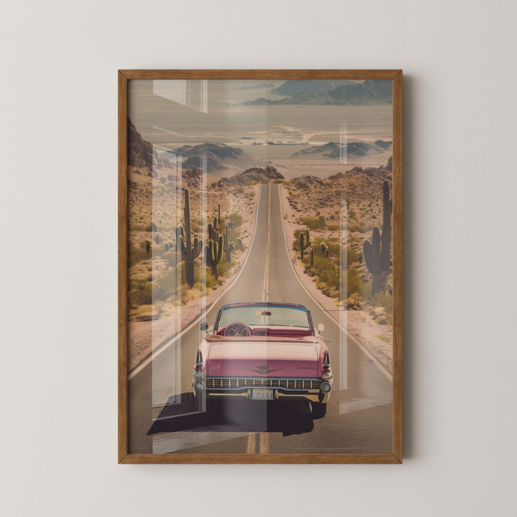 Quadro Carro Retrô Rosa 30 x 42 cm com moldura marrom