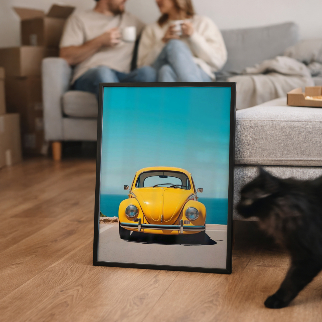 Quadro Decorativo Carro Retrô Fusca Amarelo 30 x 42 cm