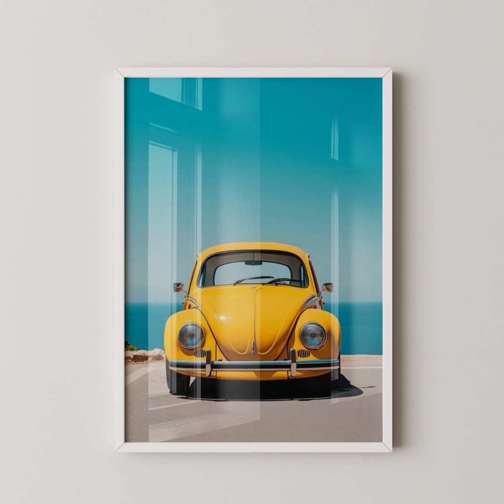 Quadro Fusca Amarelo 30 x 42 cm com moldura branca