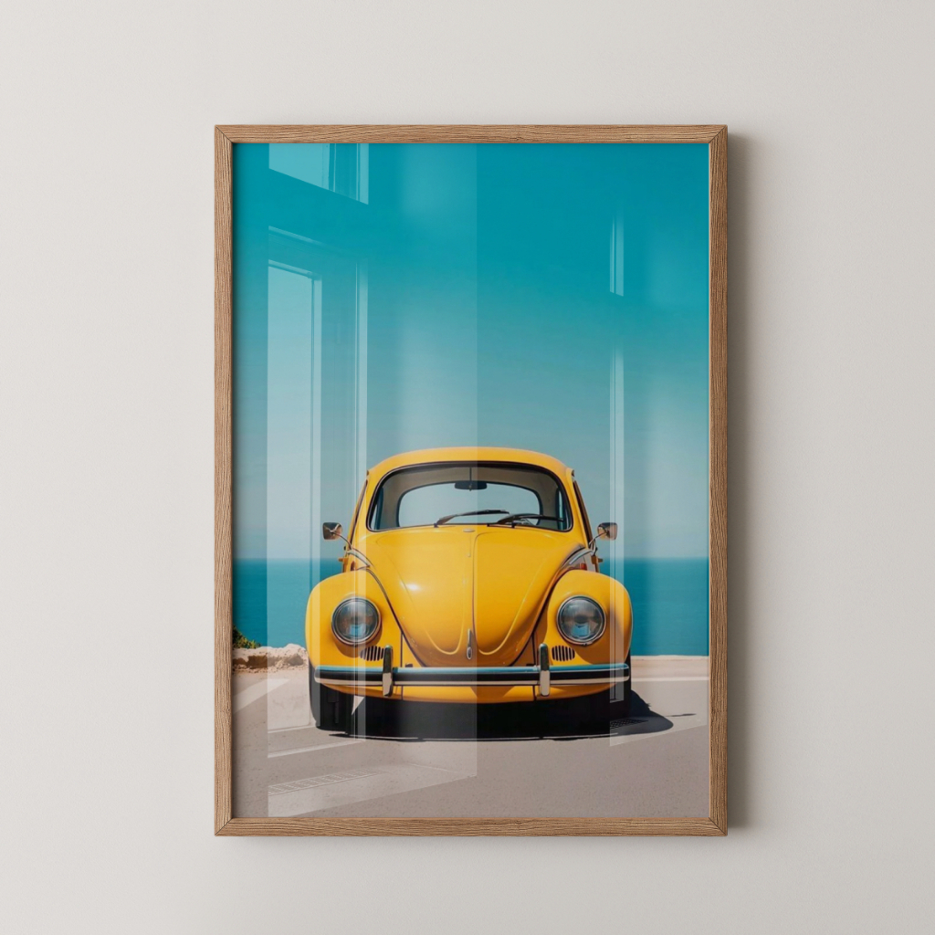 Quadro Fusca Amarelo 30 x 42 cm com moldura carvalho