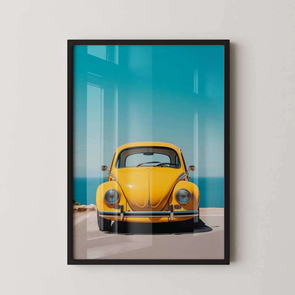 Quadro Fusca Amarelo 30 x 42 cm com moldura preta