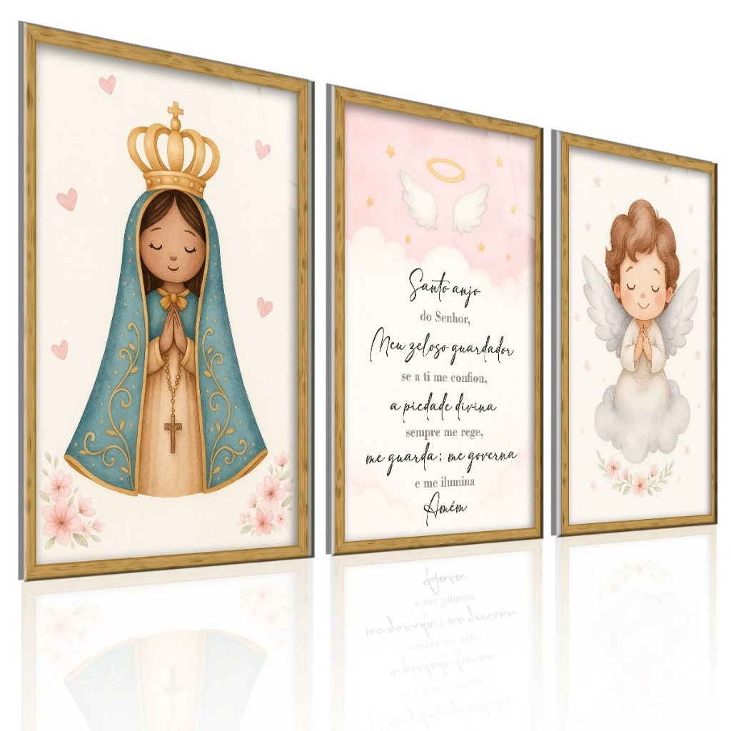 Kit 3 Quadros Decorativos Infantis Nossa Senhora Anjo e Oração Santo Anjo sem moldura