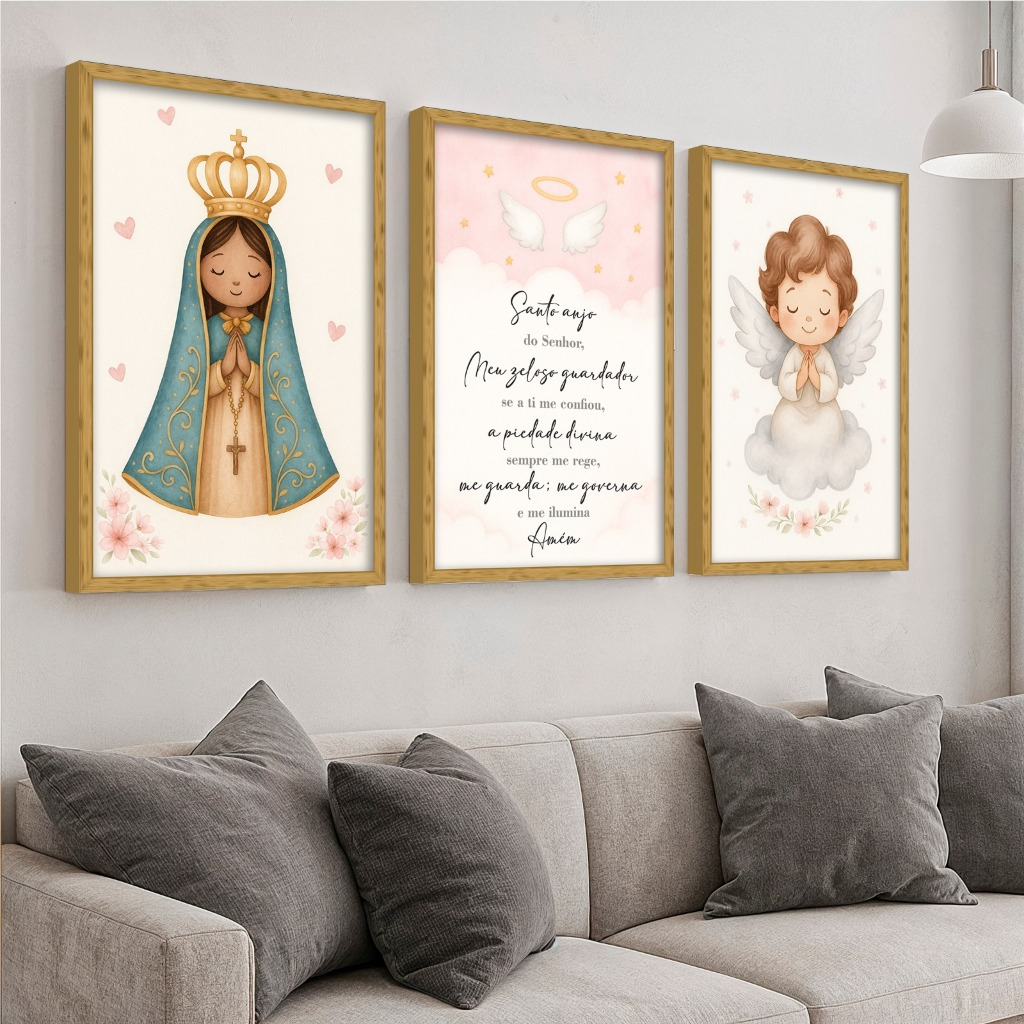 Trio de Quadros Decorativos Infantis Nossa Senhora Anjo e Oração Santo Anjo
