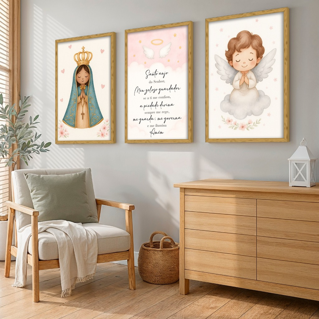 Kit com 3 quadros religiosos infantis para quarto de bebê e criança
