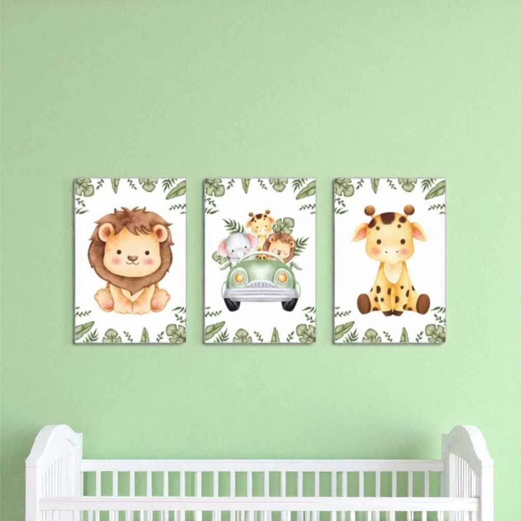 Kit de três quadros decorativos Safari para quarto infantil