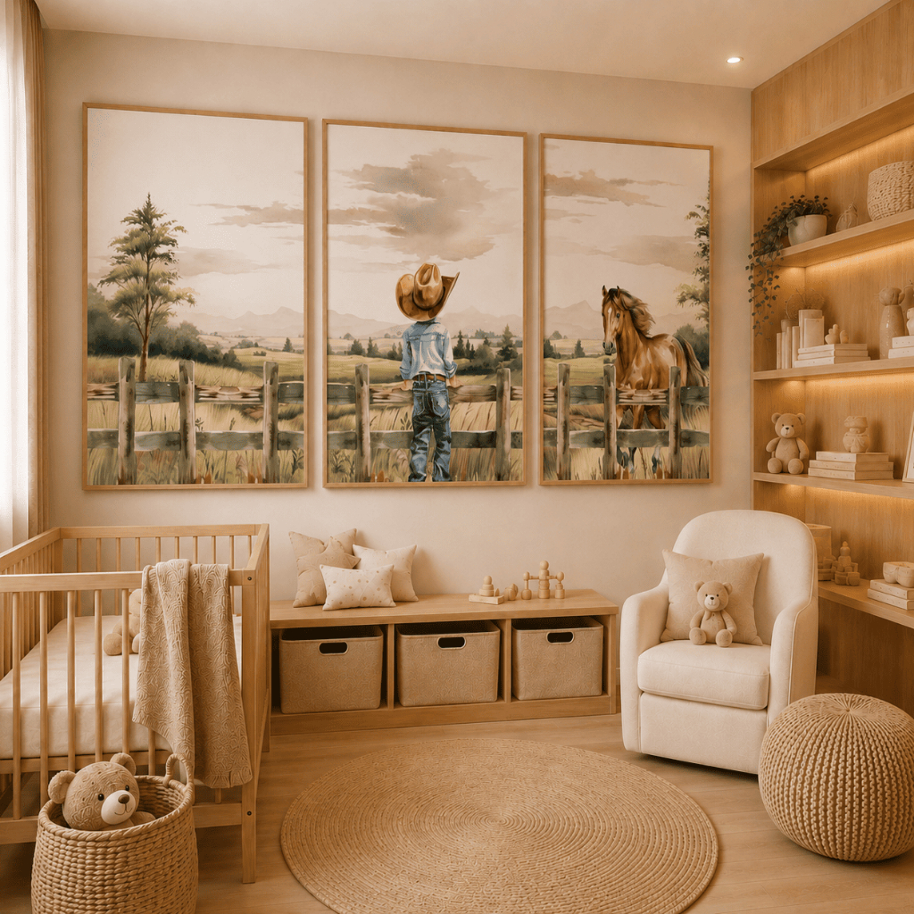 Quadro infantil menino cowboy e cavalo em ambiente decorado
