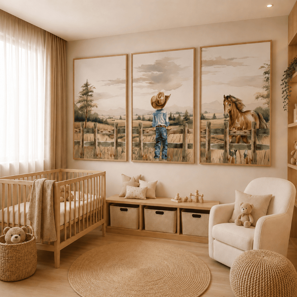 Arte decorativa infantil Cowboy Menino e Cavalo sem moldura