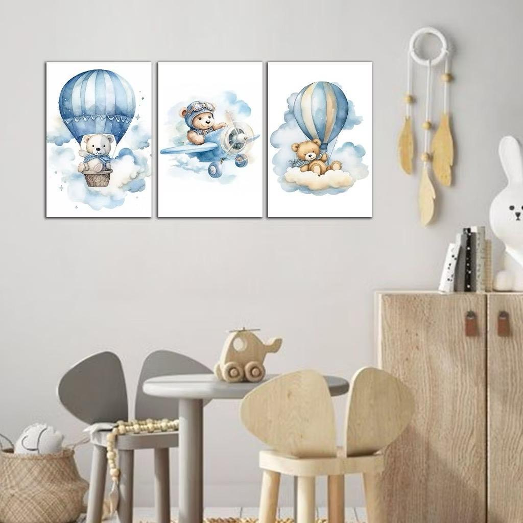 Kit 3 Quadros Decorativos Infantil Ursinho e Balão sem moldura