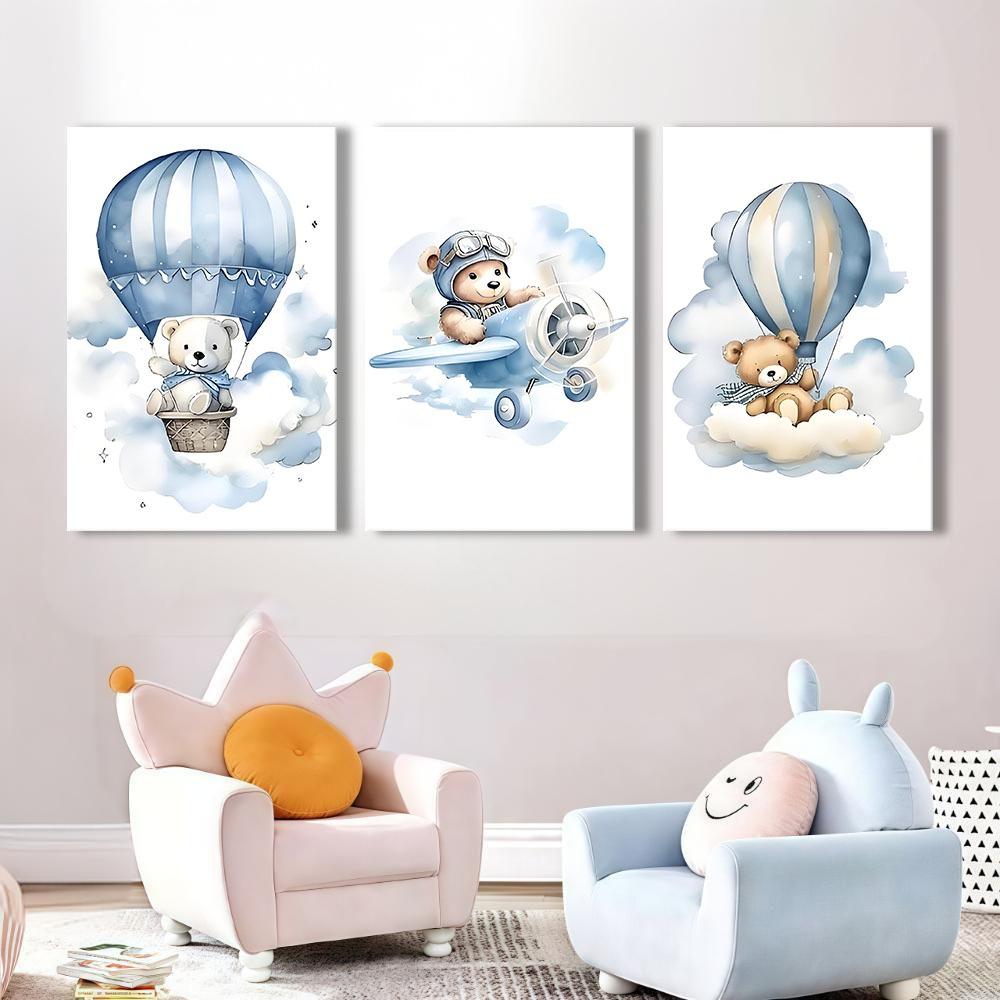 Trio de quadros infantis Ursinho e Balão em composição decorativa
