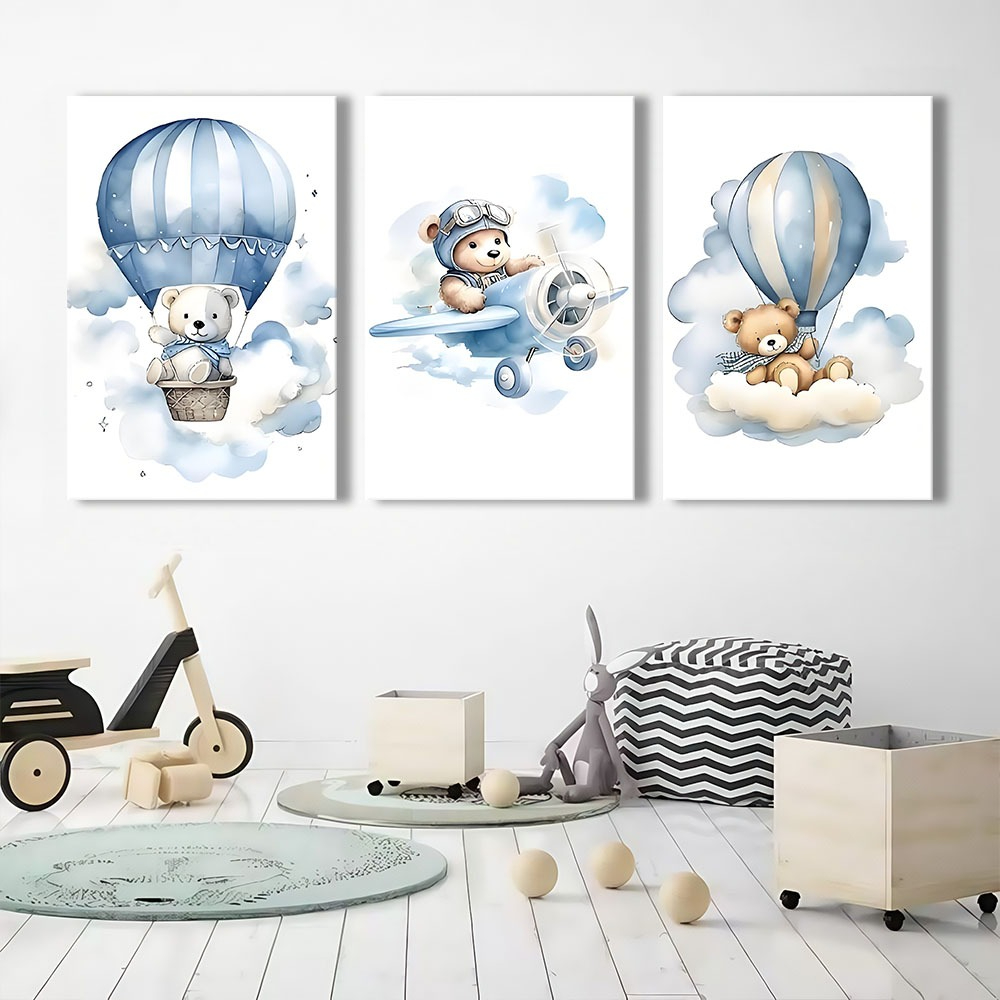 Kit de três quadros decorativos Ursinho e Balão para quarto infantil