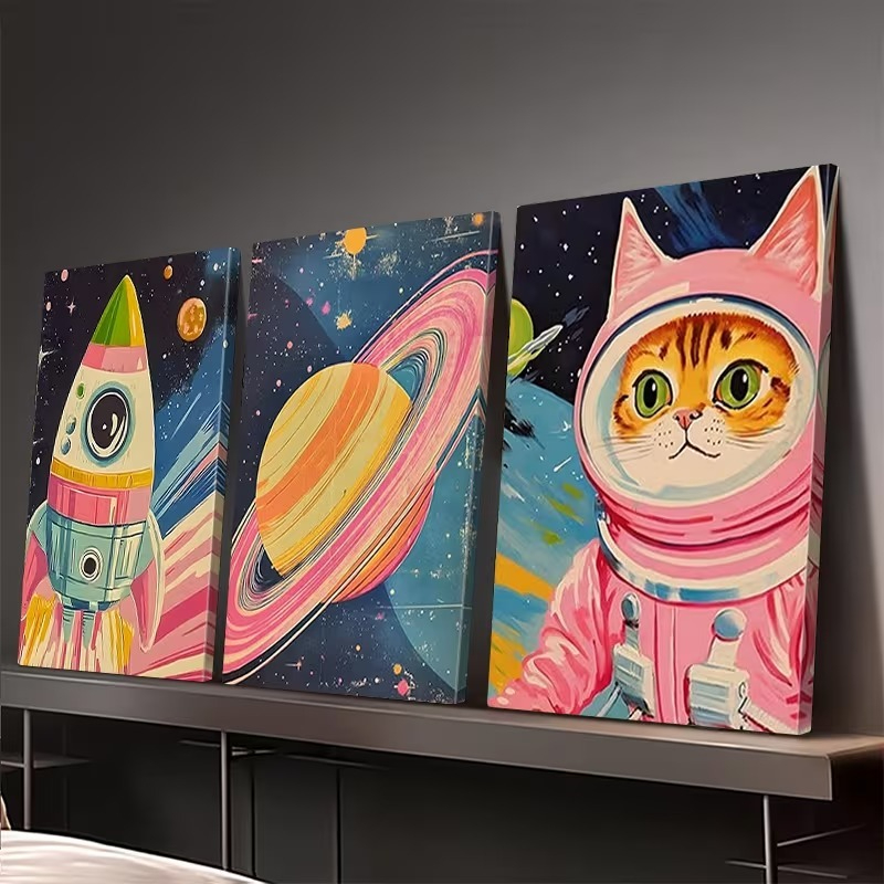 Kit 3 Quadros Gato Astronauta Foguete e Planeta sem moldura
