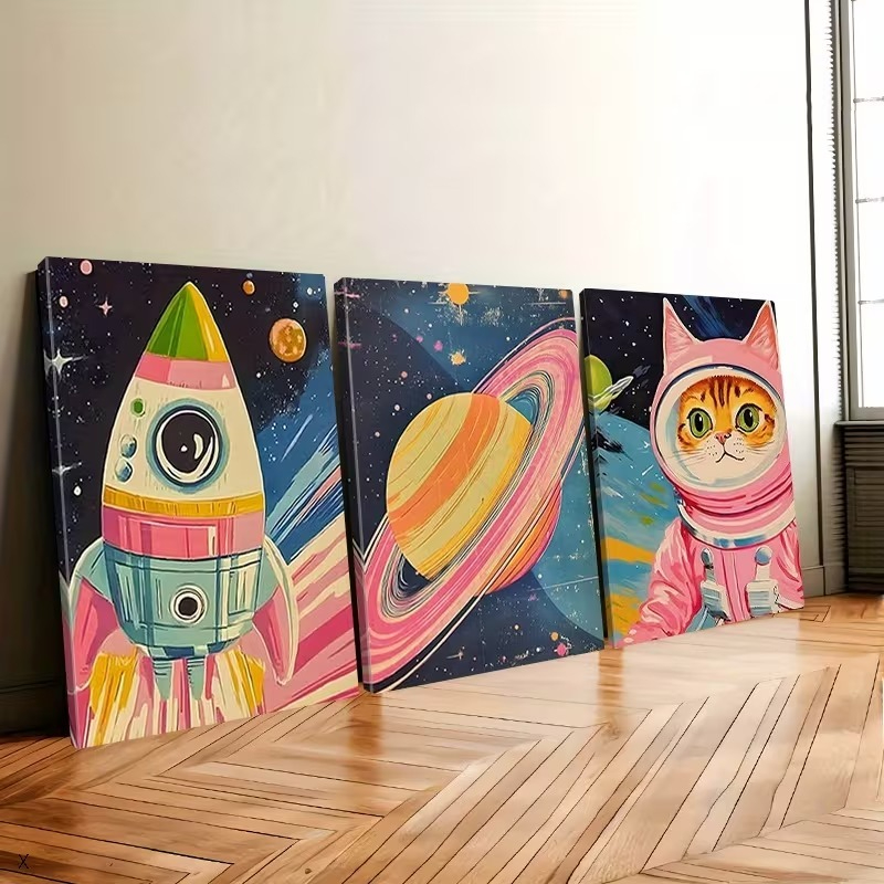 Trio de quadros espaciais Gato Astronauta Foguete e Planeta