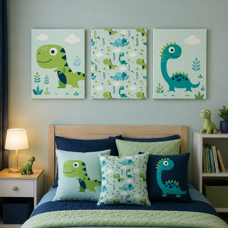 Kit 3 Quadros Decorativos Dinossauros Baby verde e azul sem moldura