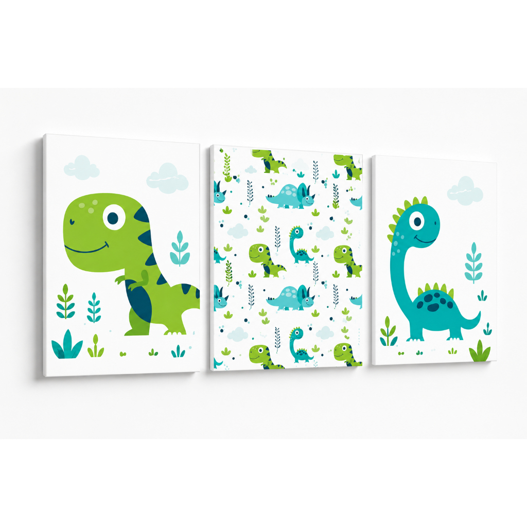 Composição dos quadros infantis de dinossauros em verde e azul
