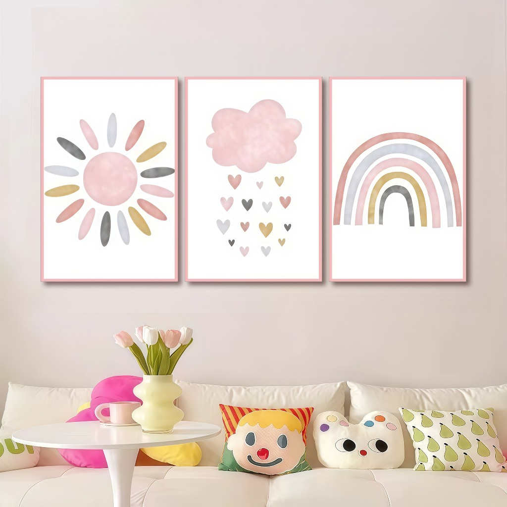 Composição de quadros infantis com sol, nuvens e arco-íris