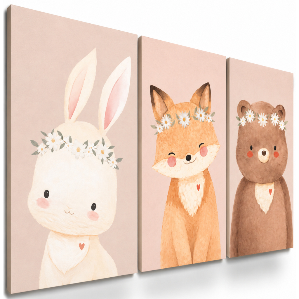 Kit com três quadros decorativos infantis de animais fofos