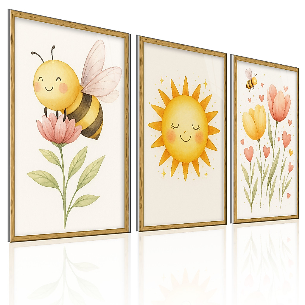 Quadro decorativo infantil com abelhinha, sol e flores