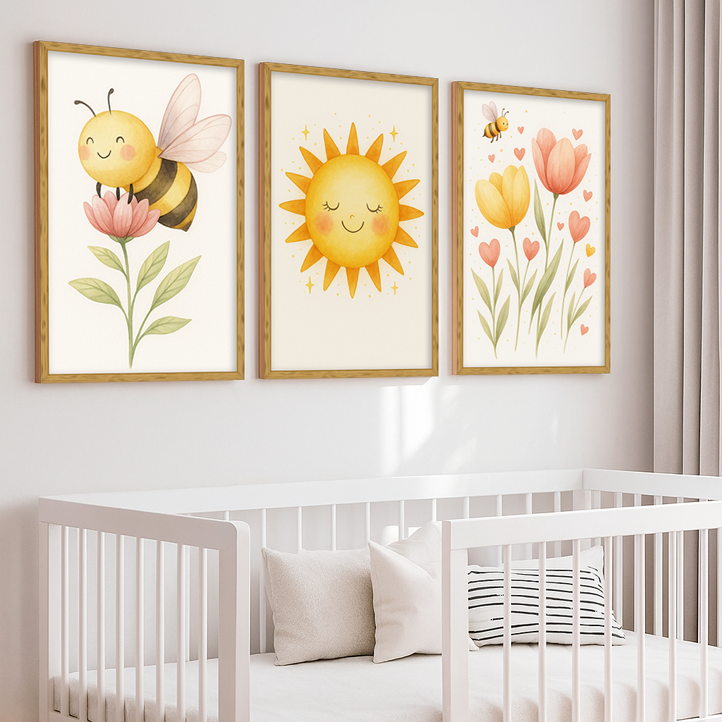 Detalhes do quadro infantil com abelhinha, sol e flores