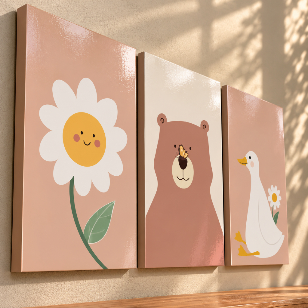 Kit com três quadros decorativos infantis com ursinho, margarida e patinho