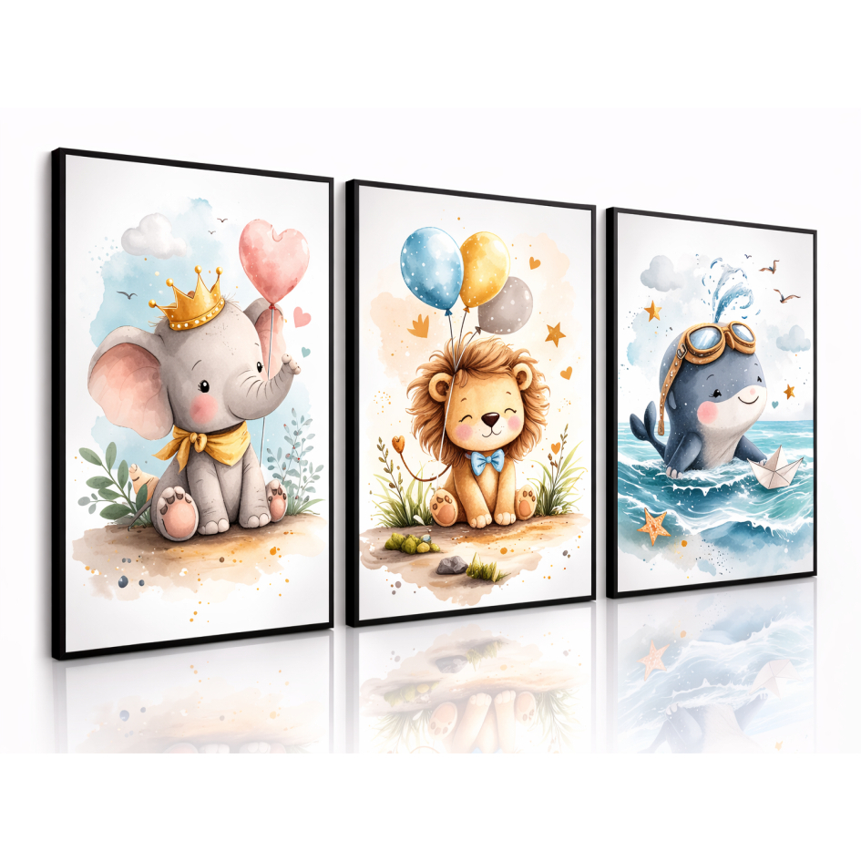Kit com três quadros decorativos infantis de animais fofos