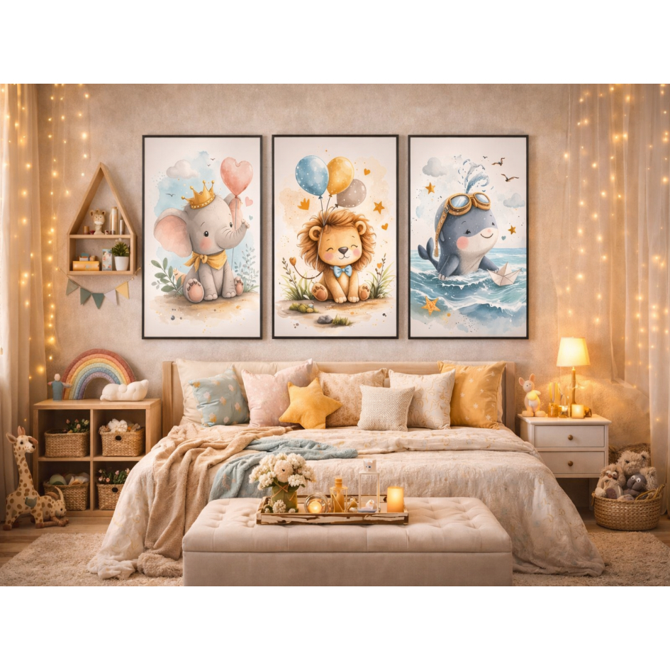 Três peças decorativas com animais fofos