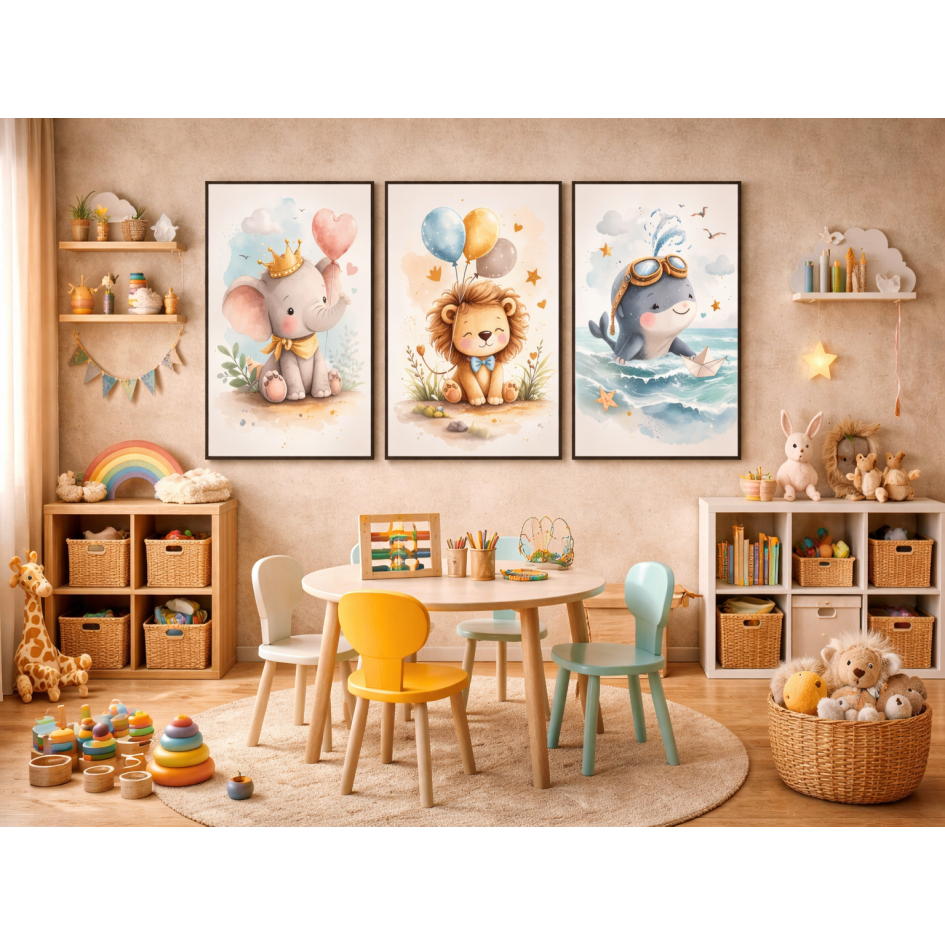 Kit de quadros infantis com animais fofos