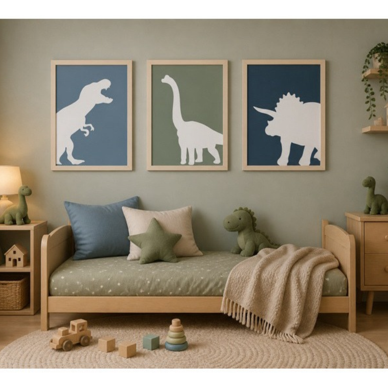 Quadro decorativo infantil com dinossauro colorido