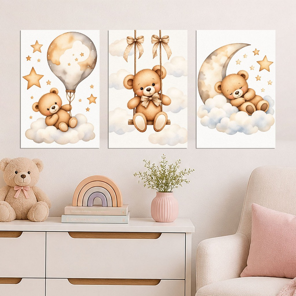 Kit com 3 quadros decorativos infantis de ursinho na lua com estrelas