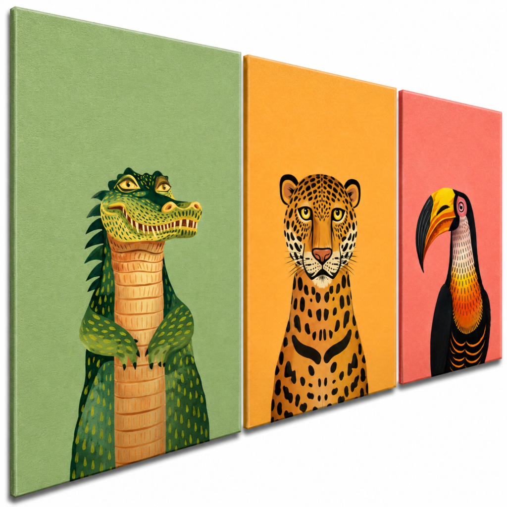 Detalhes do conjunto de quadros decorativos de animais tropicais