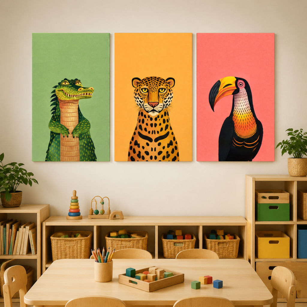 Conjunto decorativo com jacaré, onça e tucano