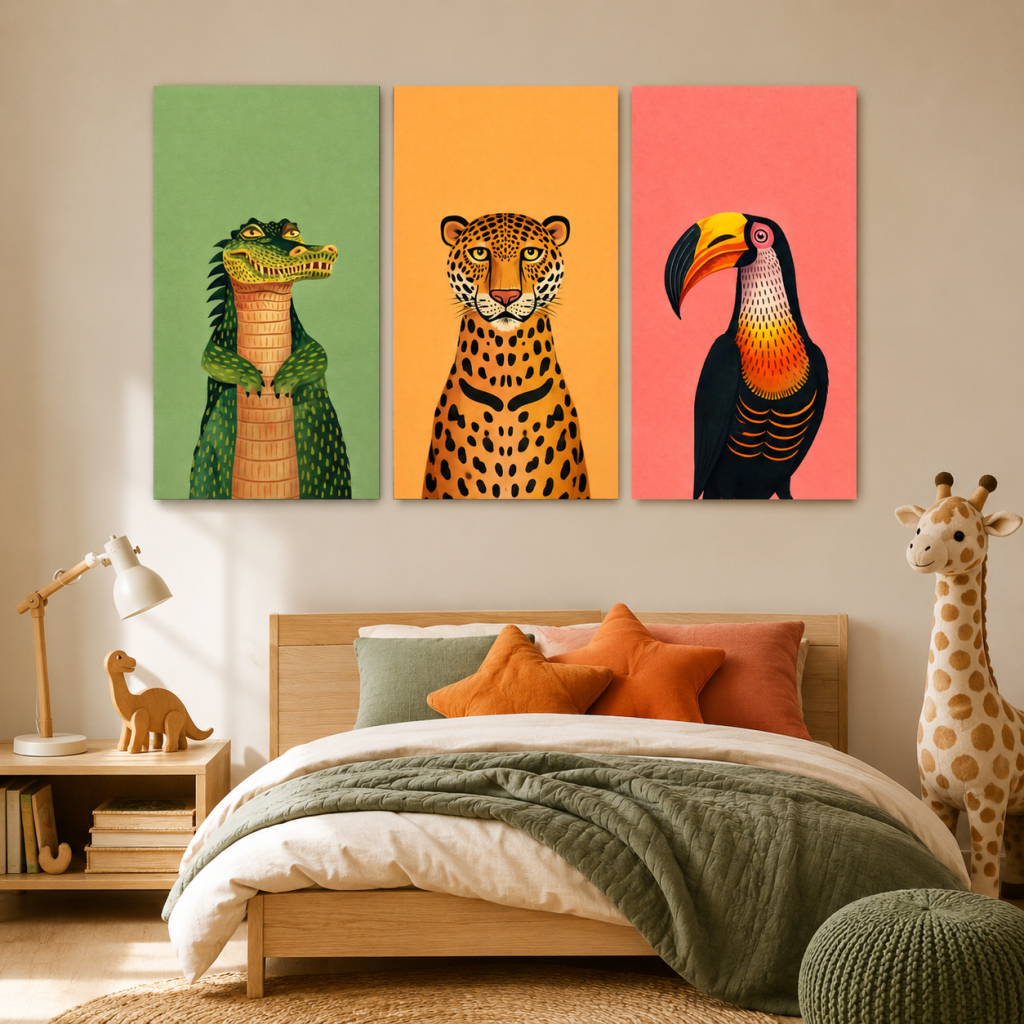 Conjunto de 3 quadros decorativos de animais tropicais