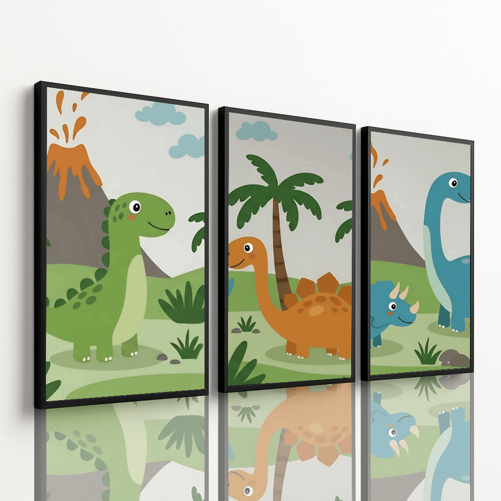 Trio de quadros decorativos Mundo dos Dinossauros para quarto infantil