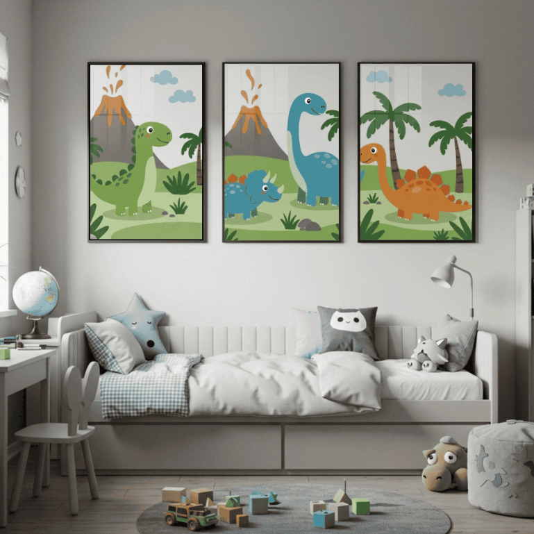 Arte decorativa infantil com tema de dinossauros