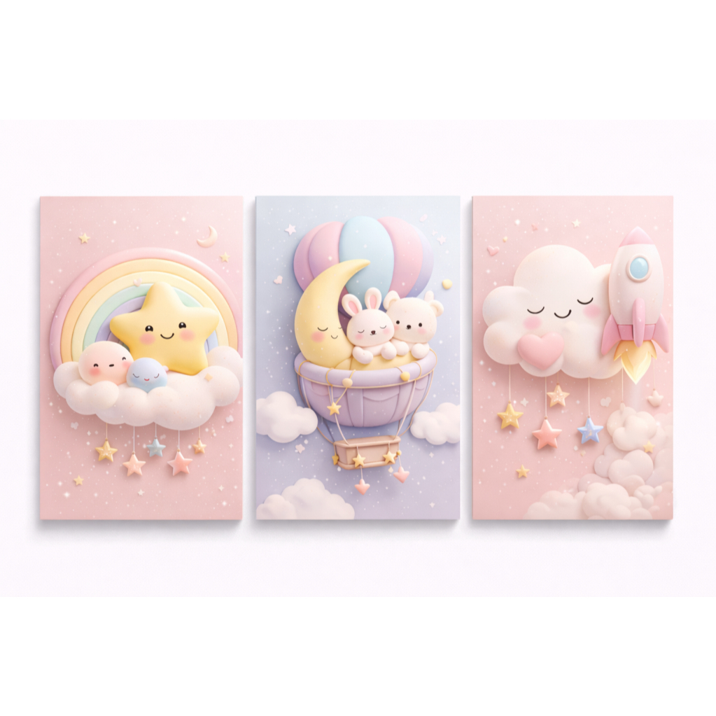 Quadros decorativos em tons suaves para quarto infantil de menina