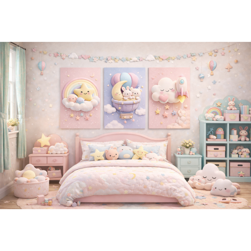 Conjunto de três quadros decorativos para quarto infantil de menina