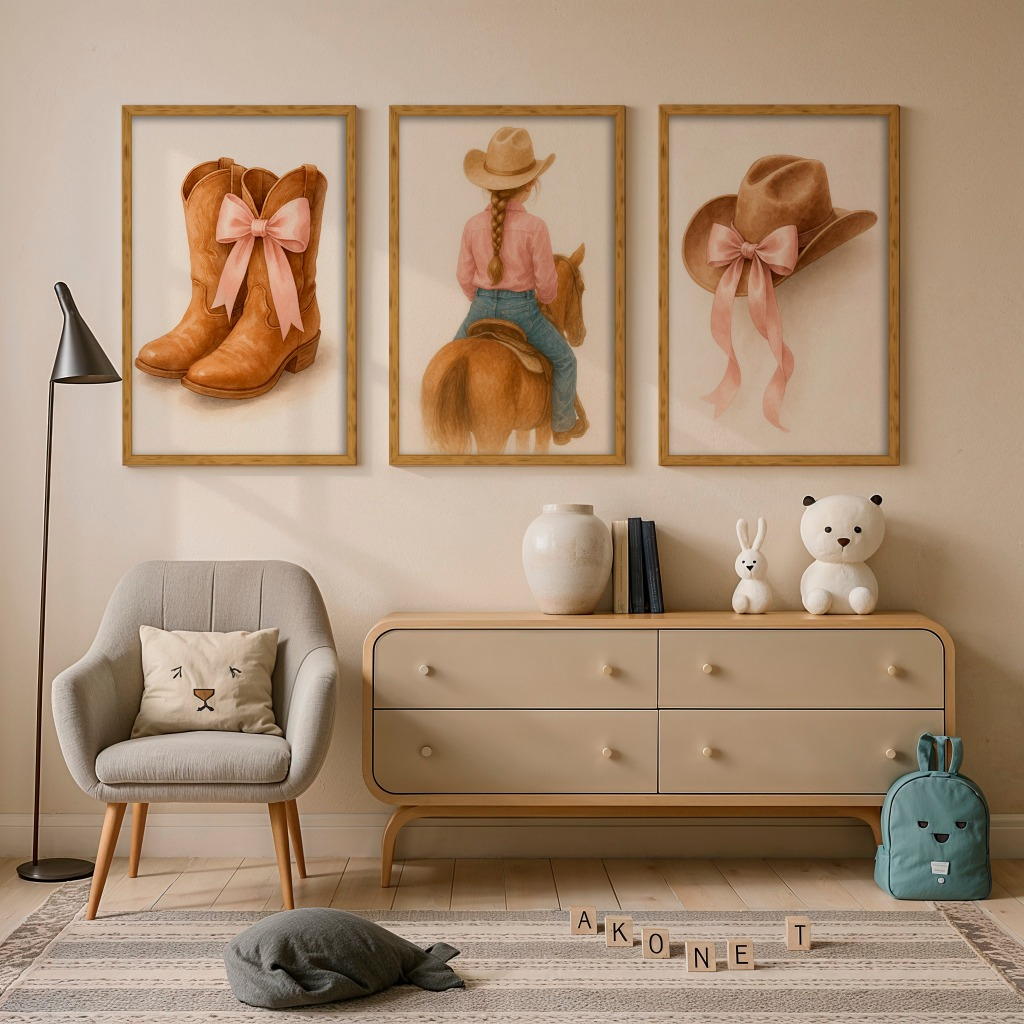 Detalhes dos quadros decorativos infantis com cavalo e elementos do universo country